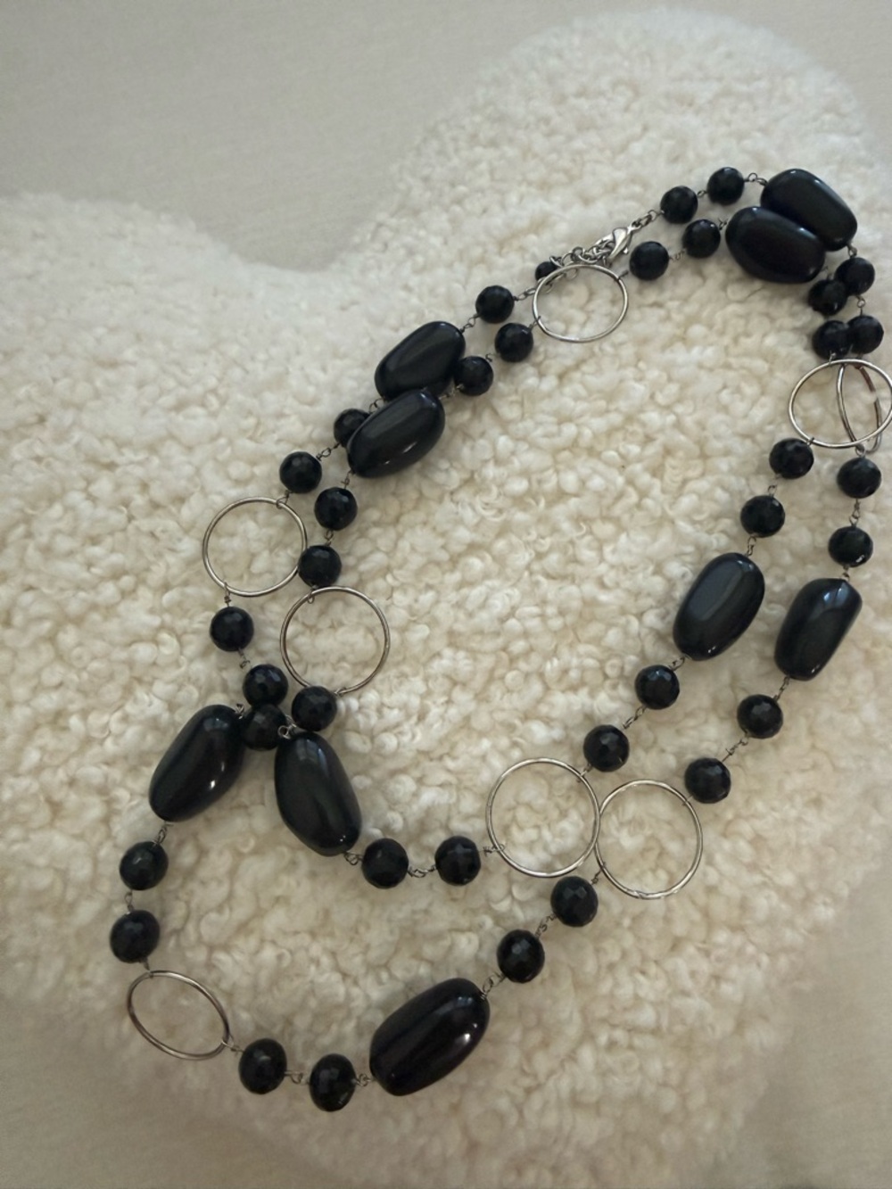 Elegant Black Beaded Necklace with Silver Rings - Women Jewelry